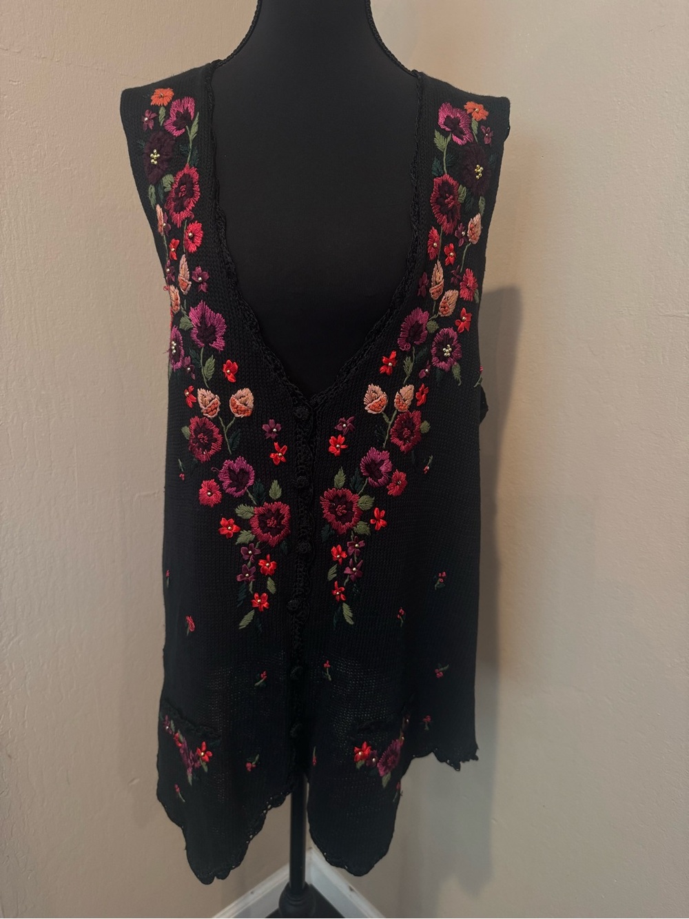 Erika Black knit Vest with Embroidered Pink, Red & Green Flowers